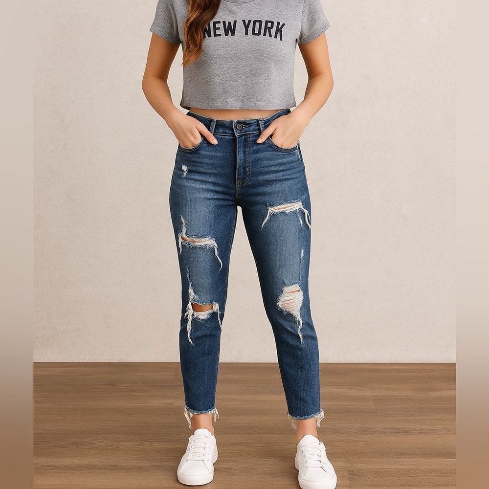 Eunina Sasha Juniors 13 Distressed Skinny Jeans High Rise Crop Raw Hem Y2K